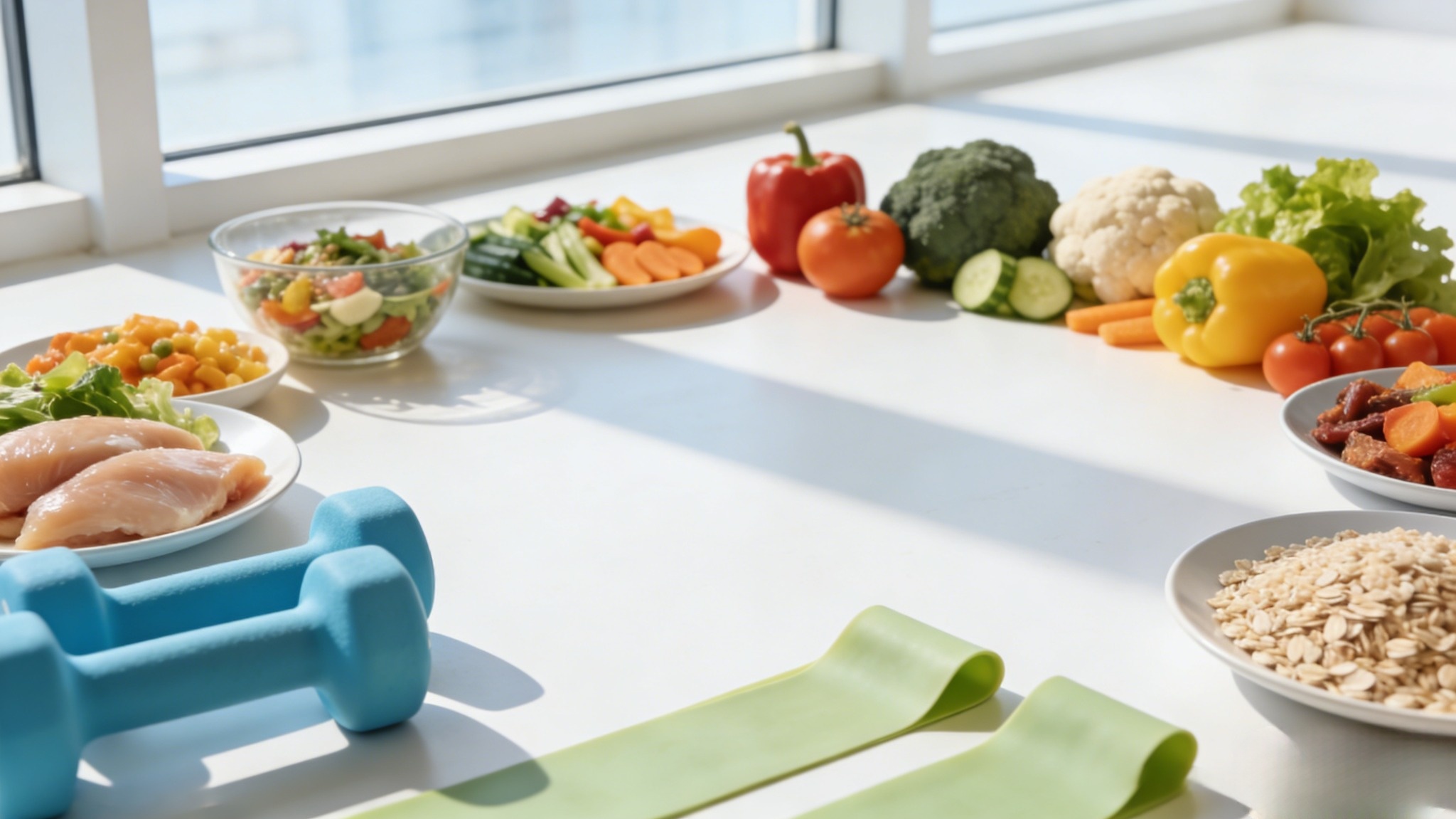 Healthy food and fitness equipment showing balance between diet and exercise