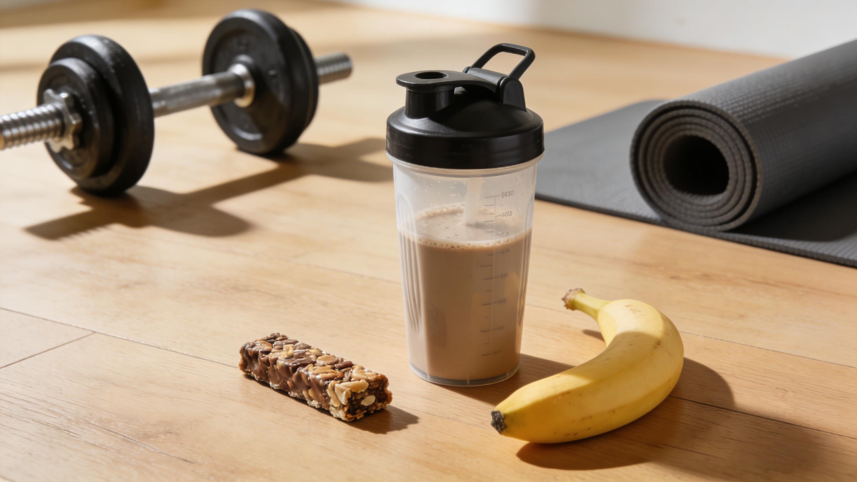 Person considering whether to eat before workout with healthy food options nearby