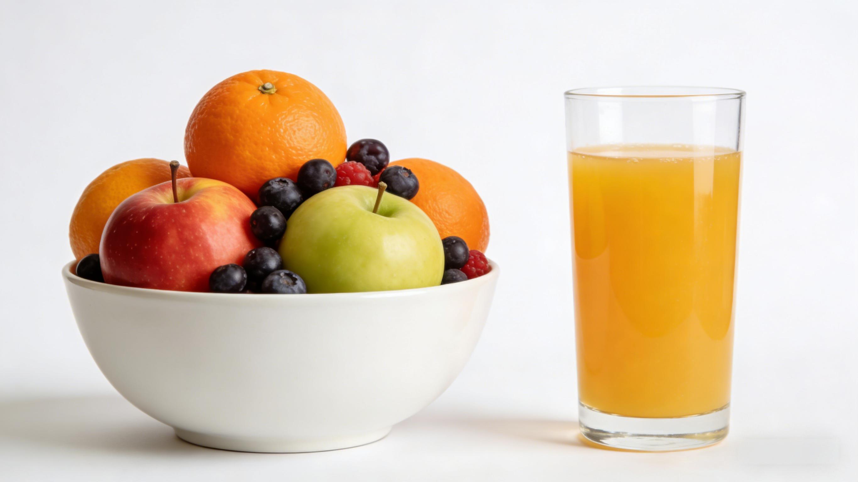 Fresh whole fruits versus fruit juice in glass