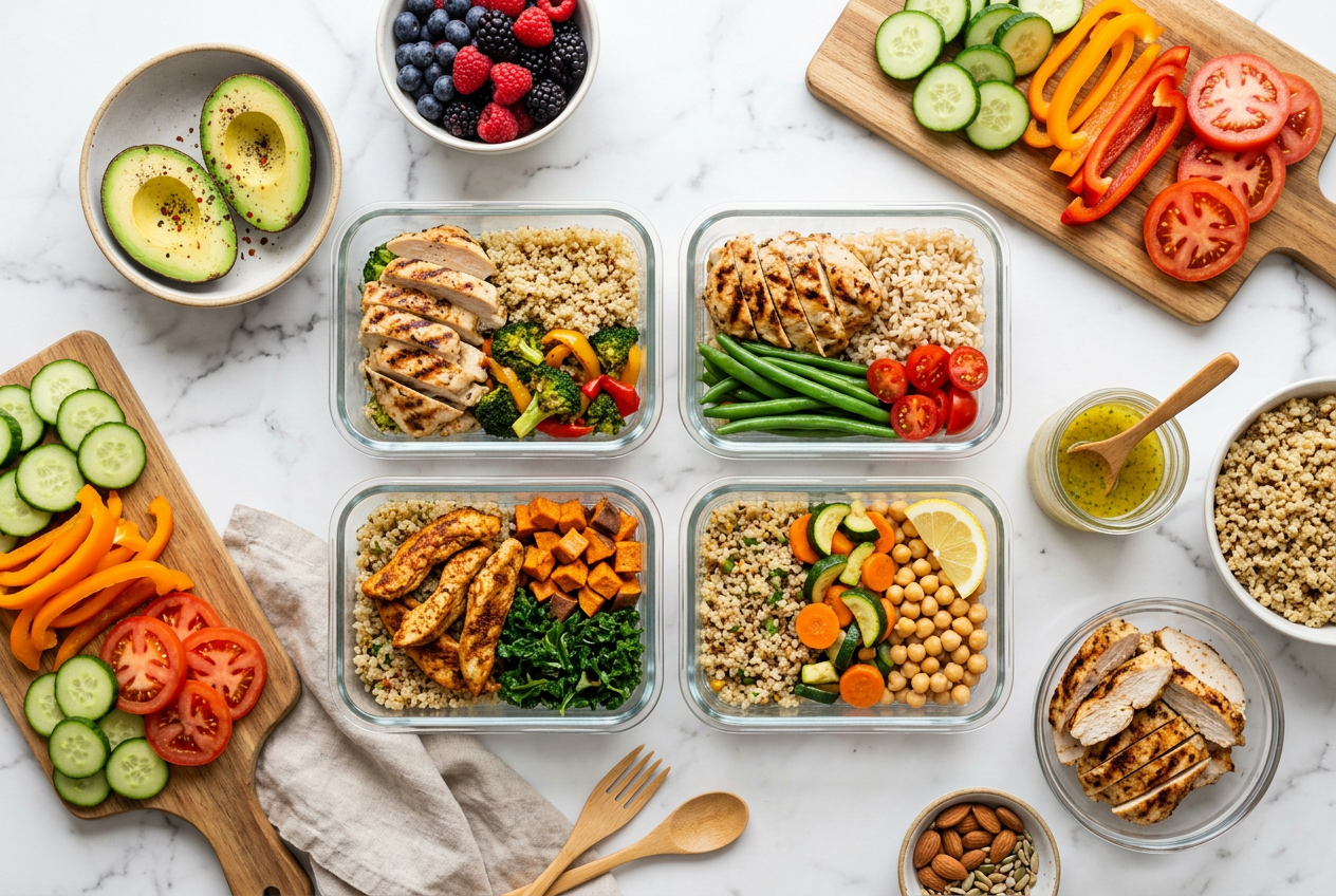 Healthy balanced meal with fresh vegetables and lean protein