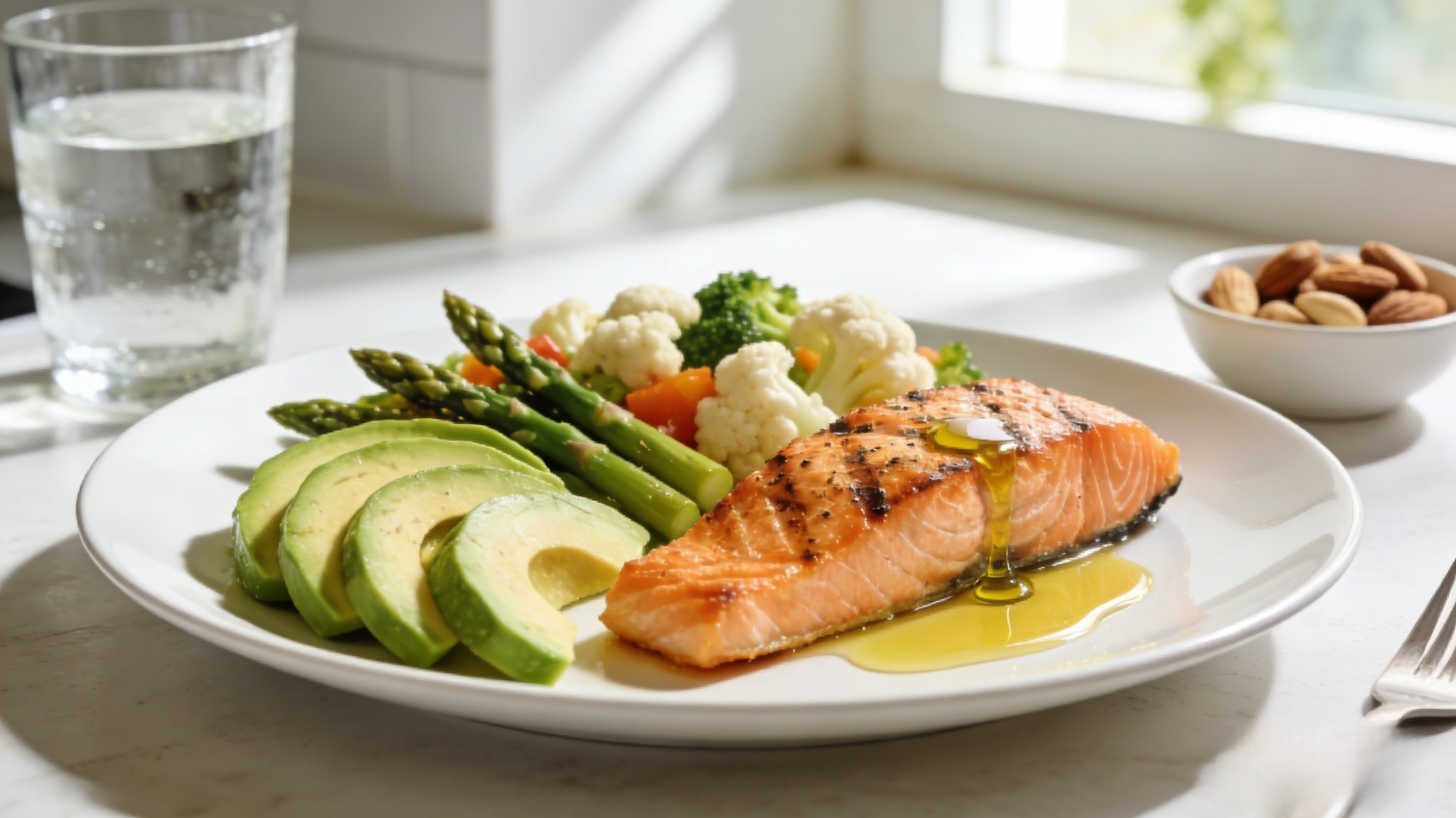 Fresh ketogenic meal with healthy fats, vegetables and protein on a clean plate