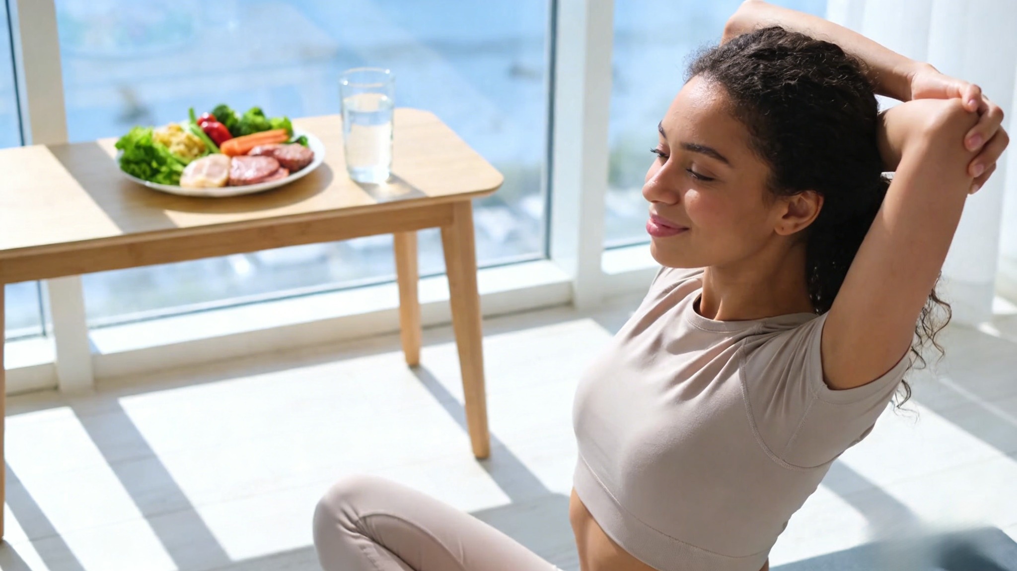 Healthy person enjoying balanced lifestyle with exercise and nutritious food in peaceful setting