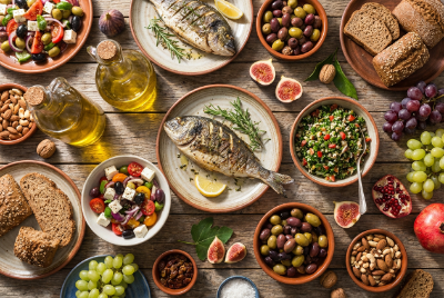 Mediterranean diet spread with fresh colorful foods