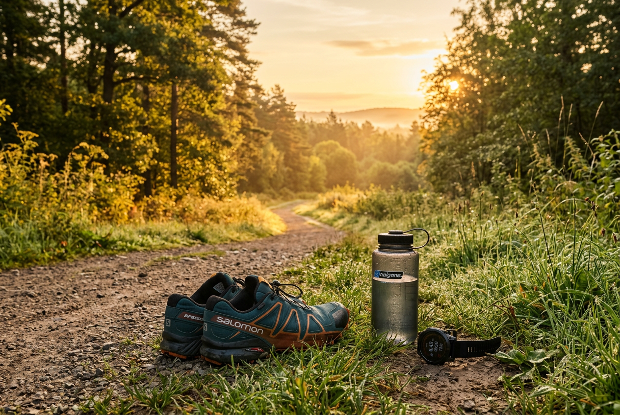 Outdoor fitness trail with running shoes at golden hour