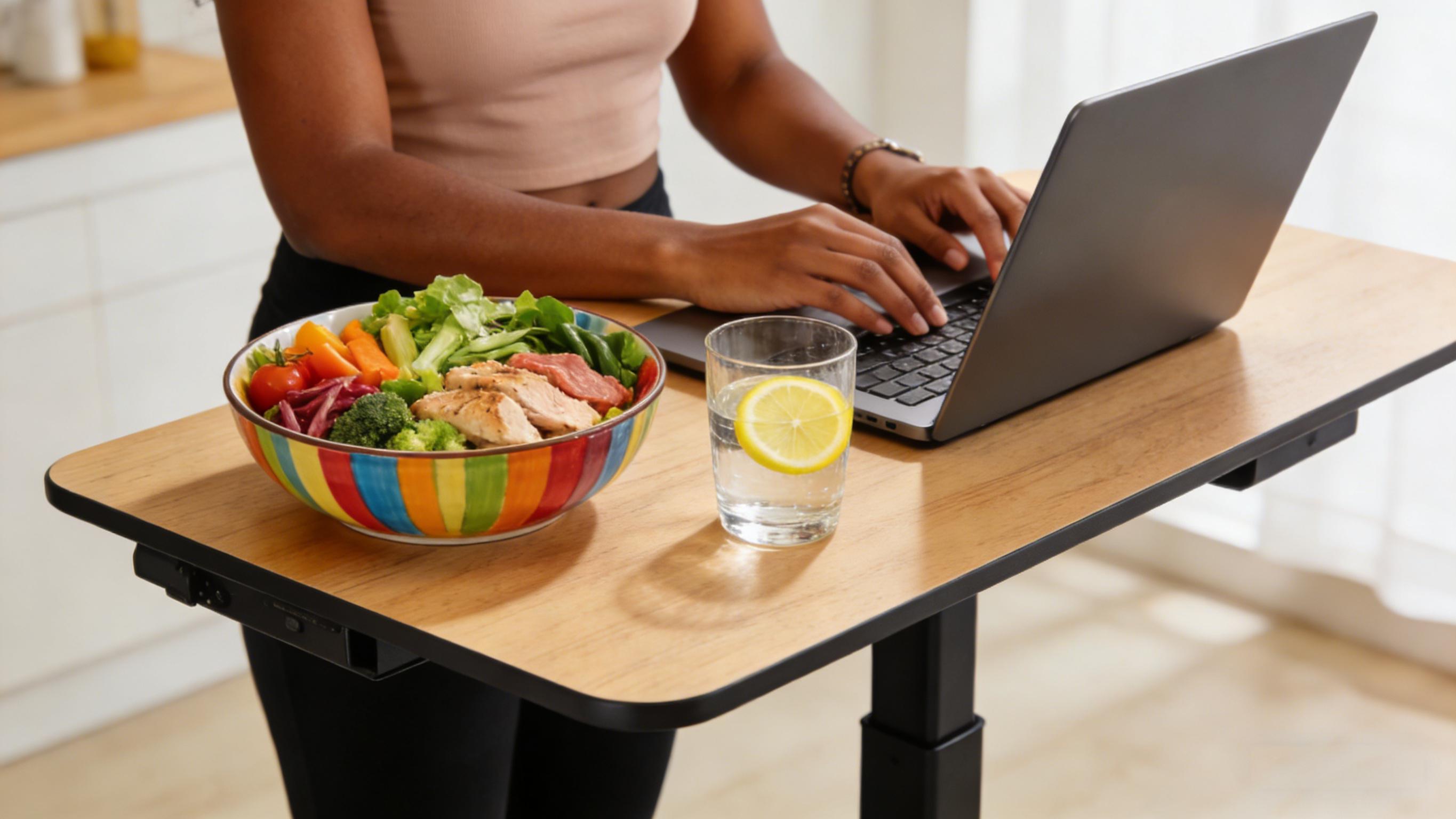 Person making healthy food choices and standing desk setup